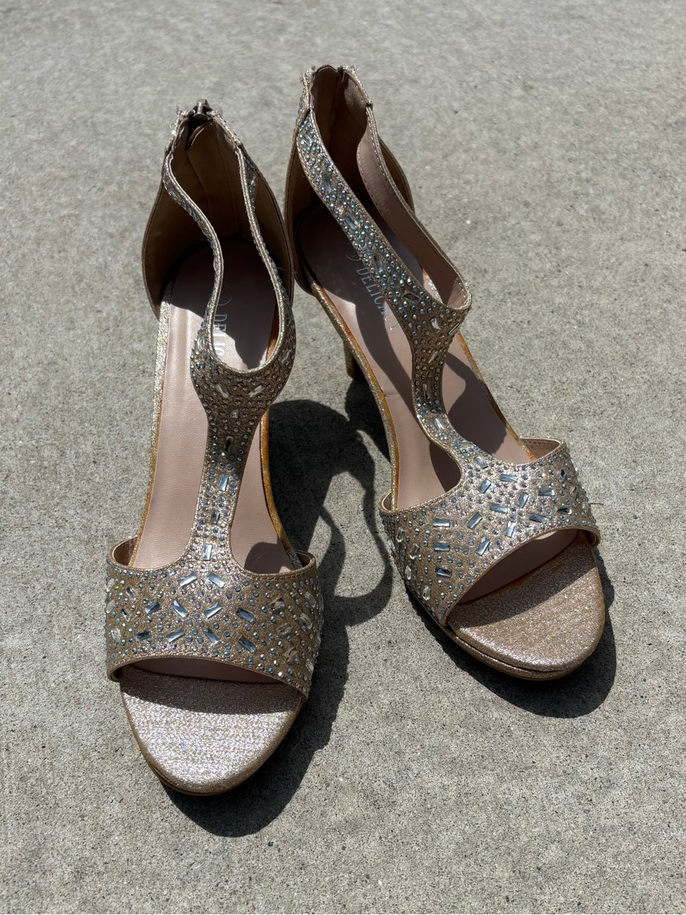 Delicacy Champagne Rhinestone T-Strap Heels | Size 8.5 | Sparkly Formal Sandals